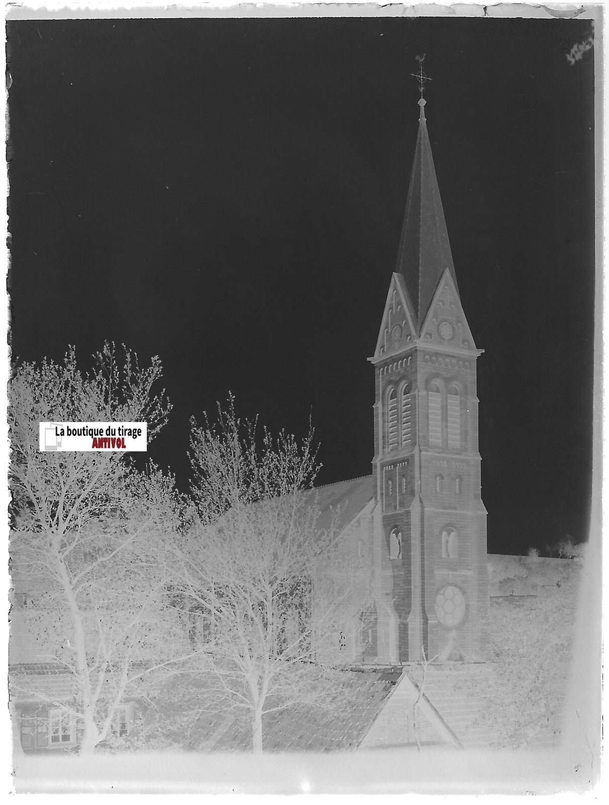 Ettendorf église Alsace, Plaque verre photo, négatif ancien noir & blanc 9x12 cm