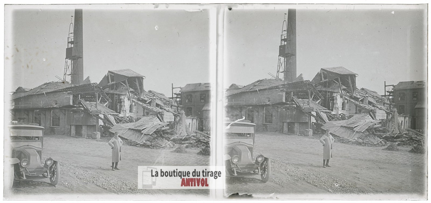 Officier français, voiture, WW1, plaque verre photo ancienne stéréo 6x13 cm