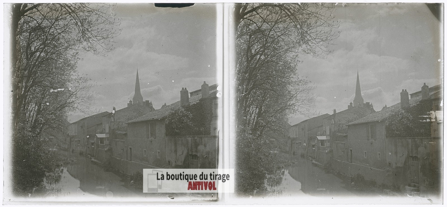 Vézelise village, guerre WW1, plaque verre photo ancienne stéréo 6x13 cm