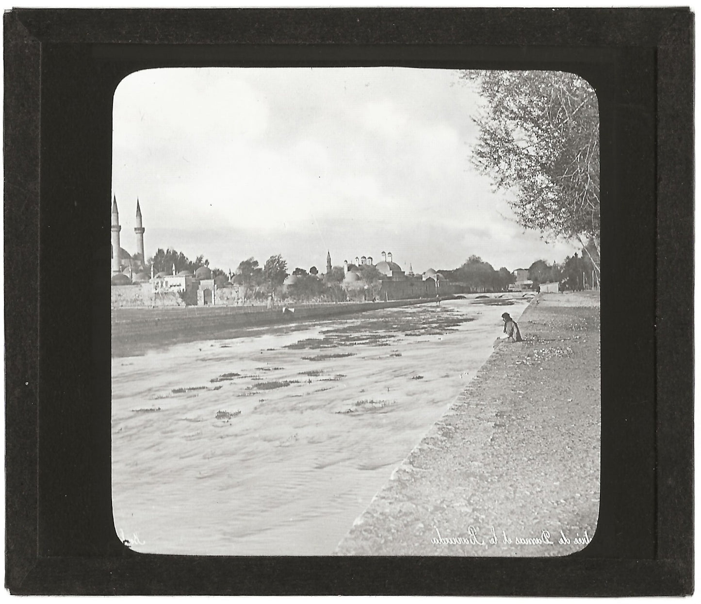 Entrée de Damas, Le Barada, photo ancienne plaque de verre, positif 8,5x10 cm