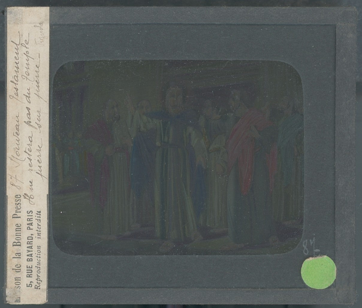 Nouveau testament, dessin, plaque verre ancienne, couleur 8,5x10 cm