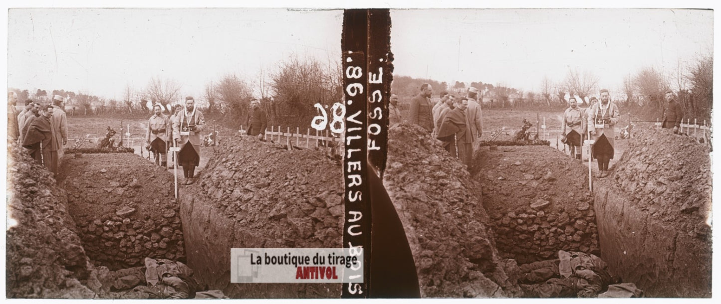 Villers-au-Bois, guerre WW1, plaque verre stéréo, photo ancienne 4,5x10,7 cm