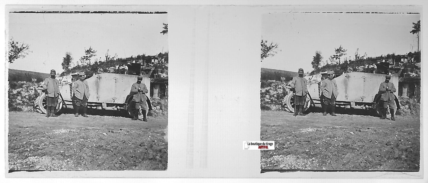 Blindé, Somme, Plaque verre stéréo, positif ancien noir & blanc 4,5x10,7 cm