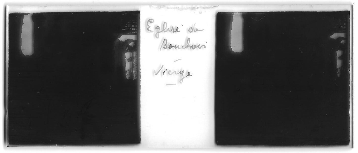 Bouchoir église, Plaque verre stéréo, positif ancien noir & blanc 4,5x10,7 cm