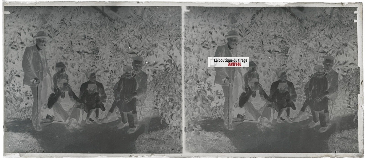 Famille, personnages, stéréo photo ancienne plaque verre, négatif 8x18 cm