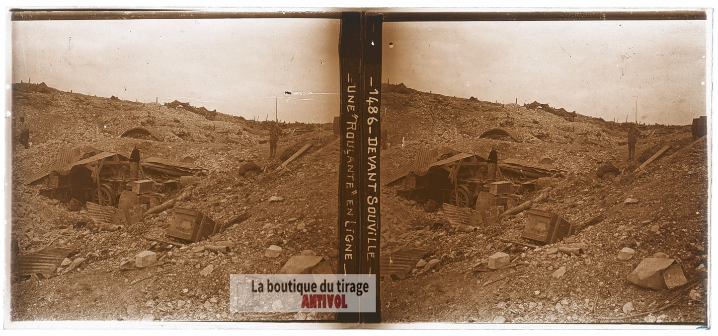 Souville, soldat, guerre WW1, plaque verre photo ancienne stéréo 6x13 cm