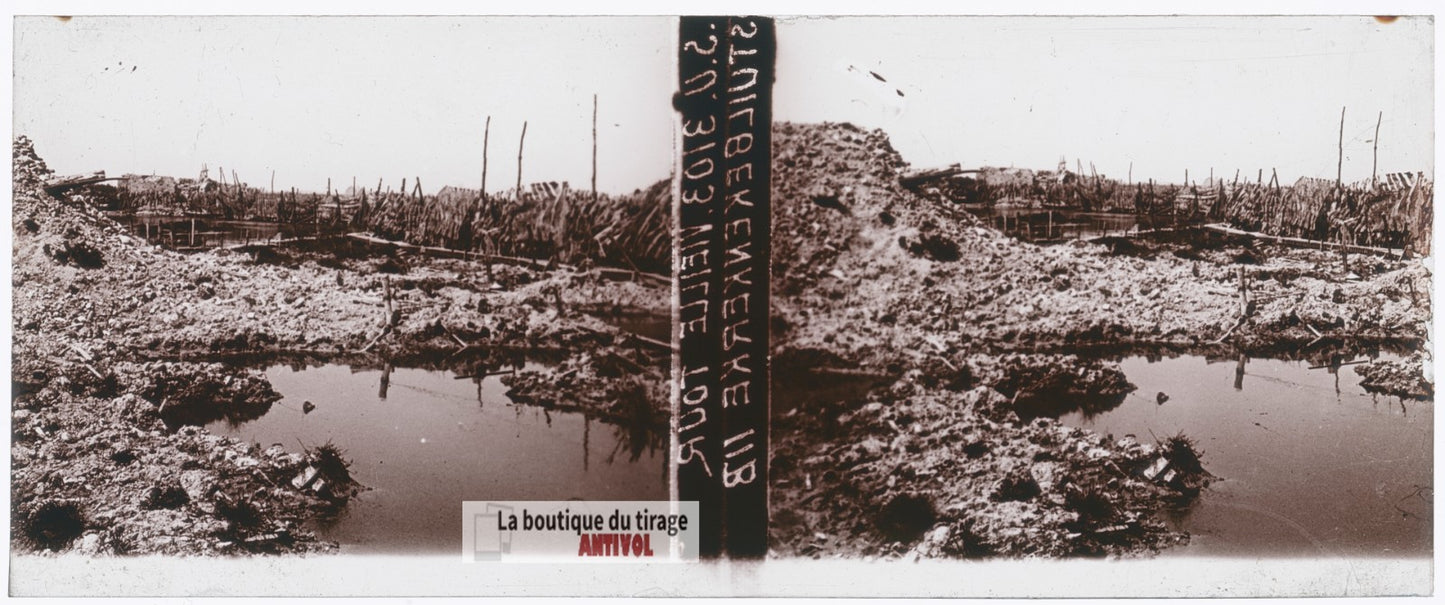 Stuivekenskerke Belgique, guerre WW1, plaque verre stéréo, photo 4,5x10,7 cm