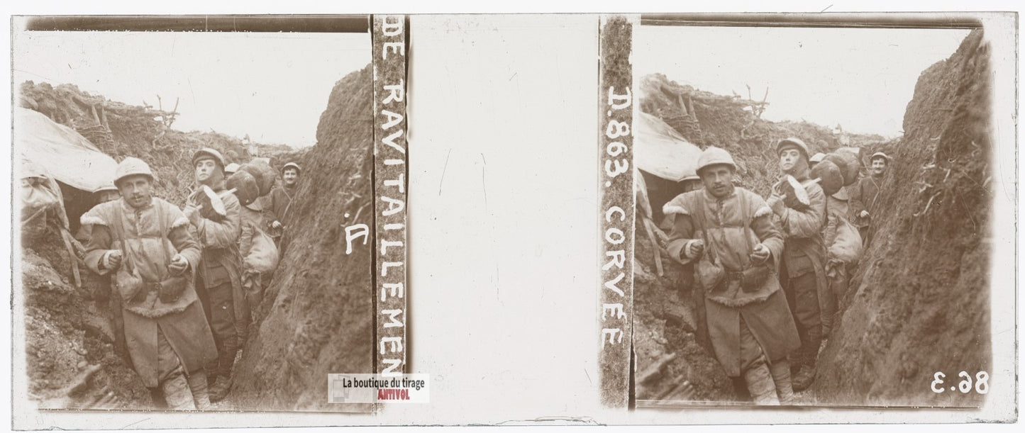 Corvée de ravitaillement, guerre WW1, plaque verre stéréo, photo 4,5x10,7 cm
