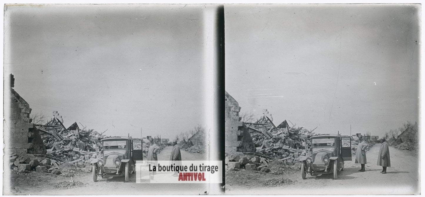 Véhicule d’état-major, voiture, WW1, plaque verre photo ancienne stéréo 6x13 cm