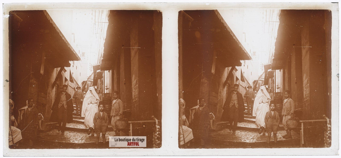 Ruelle de la Casbah, Alger, Algérie, plaque verre photo ancienne stéréo 6x13 cm