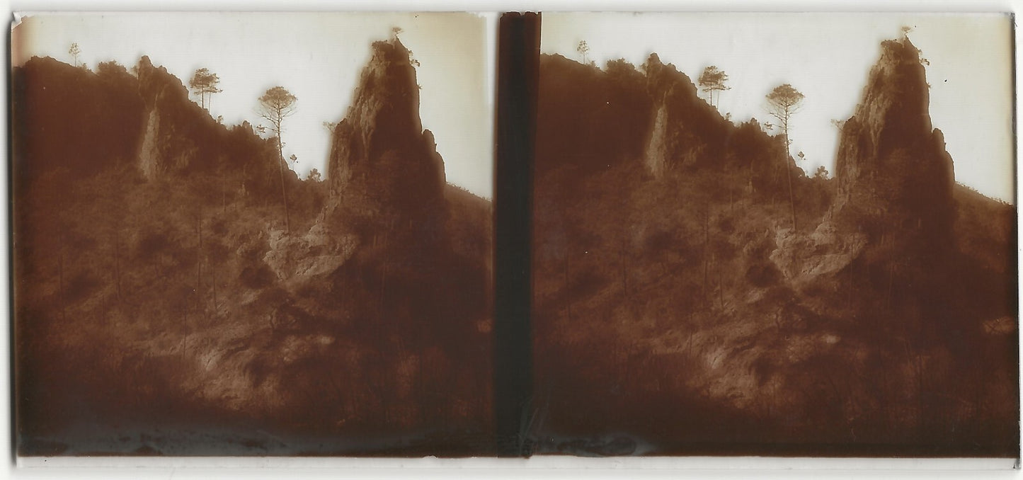 Montagne, rochers, Plaque verre photo stéréo, positif noir & blanc 6x13 cm
