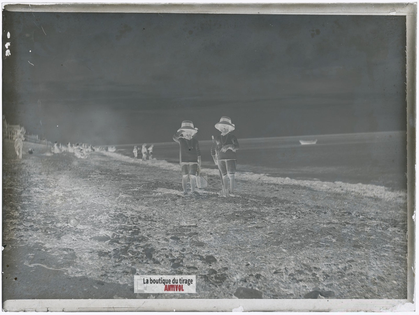 Plage, Berck-sur-Mer, enfants, plaque verre photo ancienne, négatif 9x12 cm