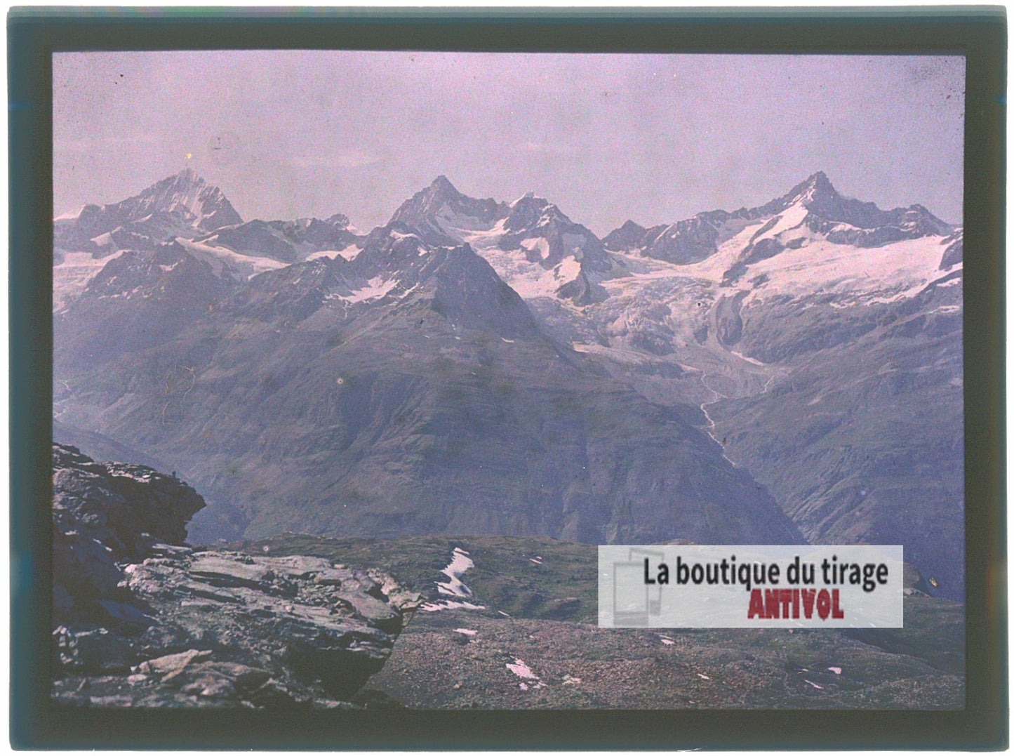 Panorama alpin du Valais, plaque verre, photo ancienne stéréo 9x12 cm Autochrome
