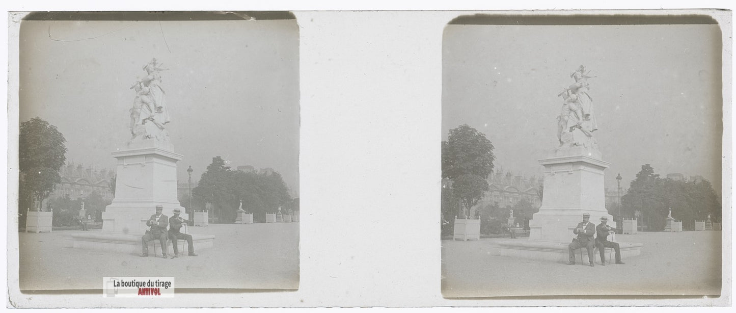 Paris, jardin des Tuileries, plaque verre stéréo, photo ancienne 4,5x10,7 cm