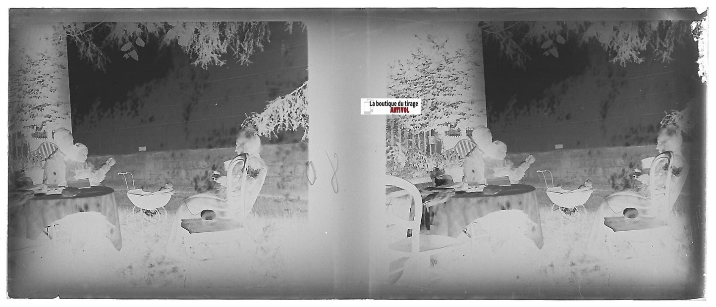 Scène de vie, Plaque verre photo stéréo, négatif noir & blanc 4,5x10,7 cm