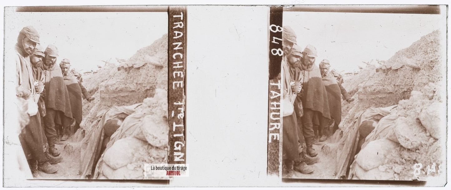 Tahure, Marne, guerre WW1, plaque verre stéréo, photo 4,5x10,7 cm