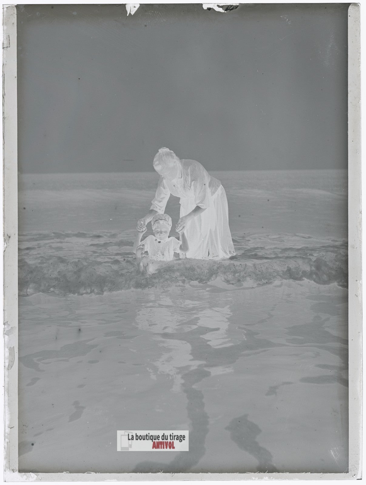 Berck-sur-Mer, enfant baignade, plaque verre photo ancienne, négatif 9x12 cm