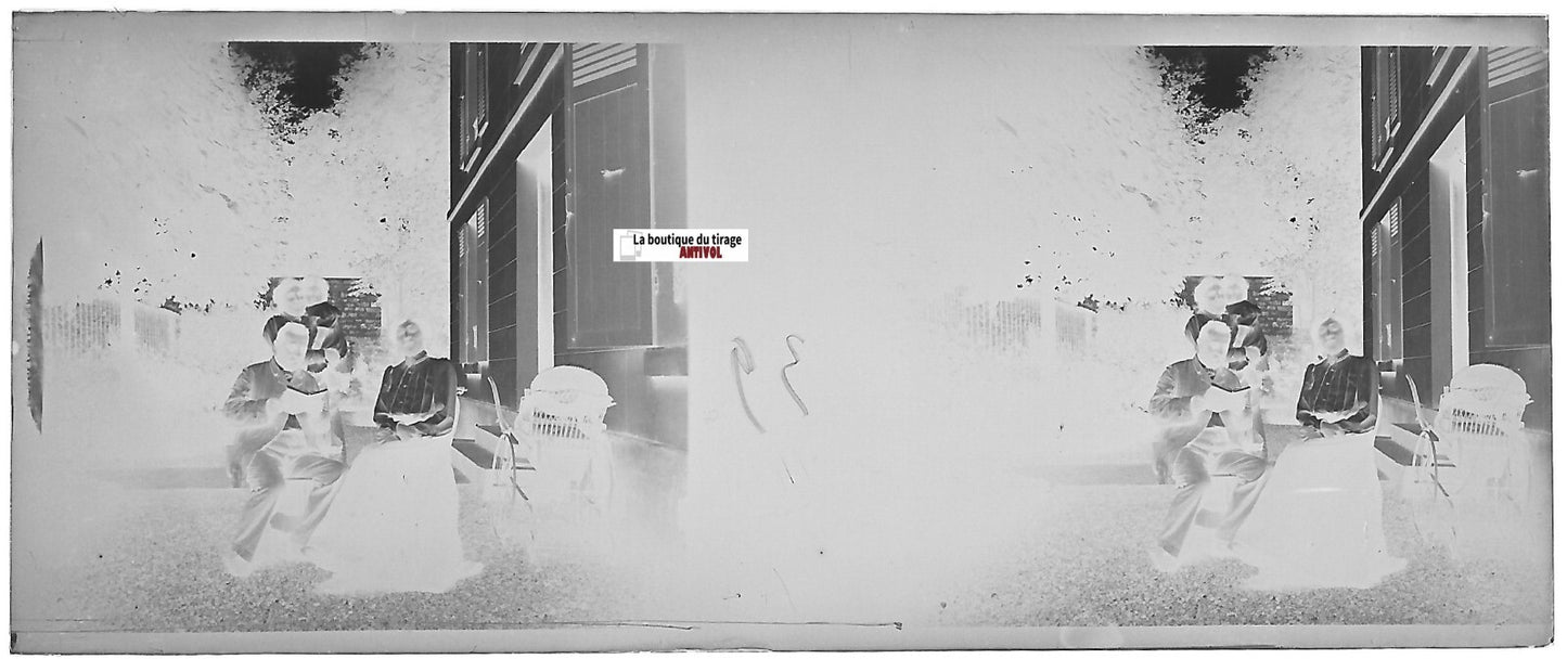 Scène vie, Plaque verre photo stéréoscopique, négatif noir & blanc 4,5x10,7 cm