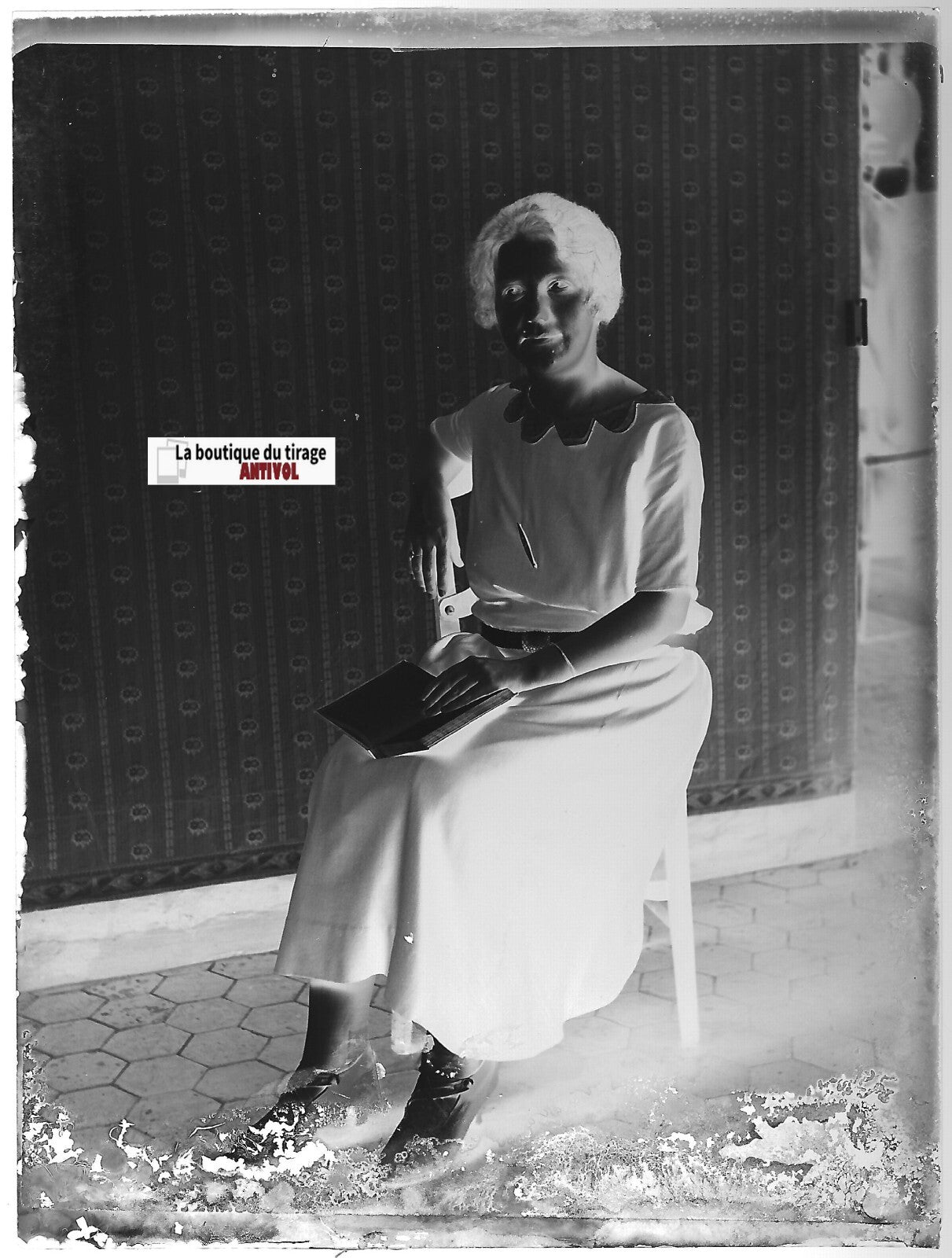 Portrait femme, Plaque verre photo ancienne, négatif noir & blanc 9x12 cm