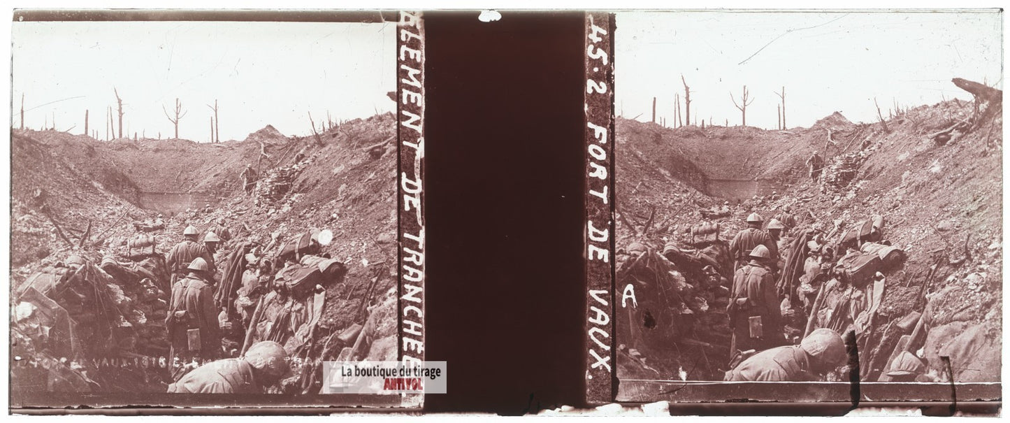Fort de Vaux, tranchées, guerre WW1, plaque verre stéréo, photo 4,5x10,7 cm