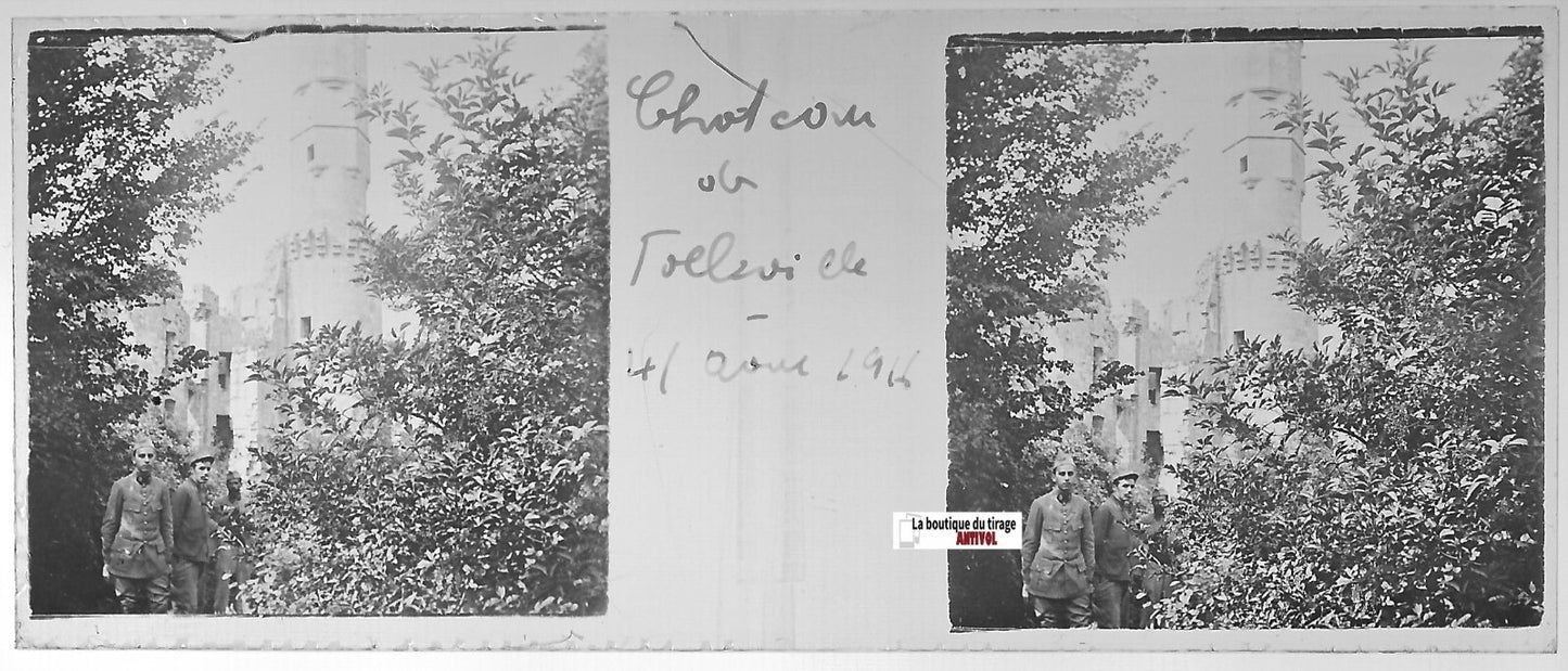 Château de Folleville, Plaque verre stéréo, positif noir & blanc 4,5x10,7 cm