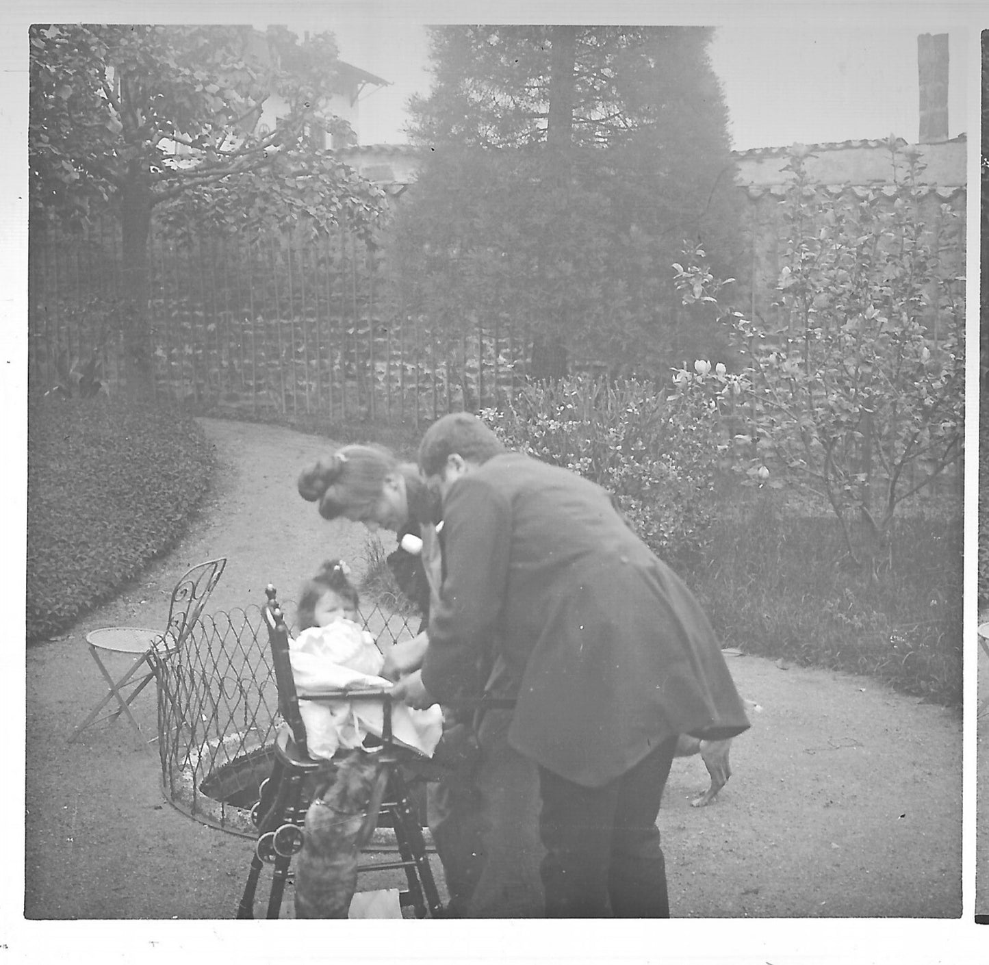 Couple, bébé, Plaque verre photo ancienne, stéréo positif noir & blanc 9x18 cm