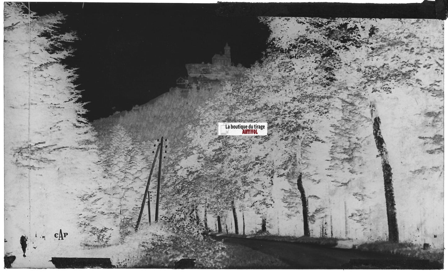 Plaque verre photo, négatif noir & blanc 9x14 cm, Dabo, Chapelle et hôtel, route