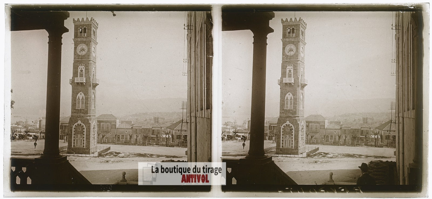 Beyrouth, horloge du Grand Sérail, plaque verre photo ancienne stéréo 6x13 cm