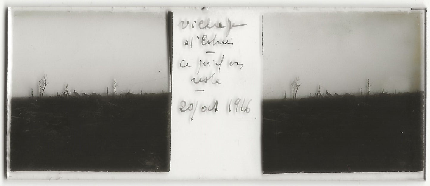 Estrées bombardement WW1, Plaque verre stéréo, positif noir & blanc 4,5x10,7 cm