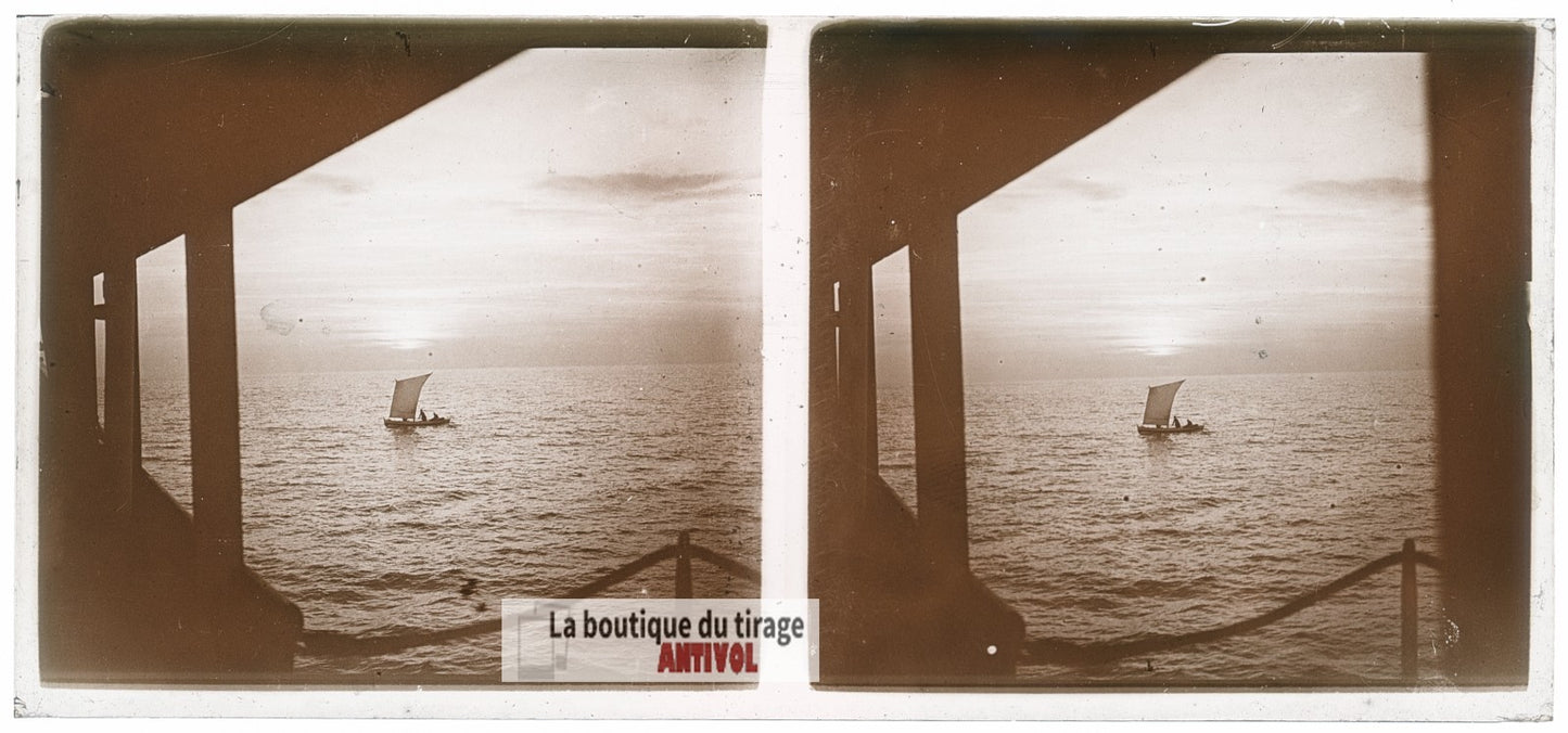 Bateau, navigation, voilier, plaque de verre, photo ancienne stéréo 6x13 cm