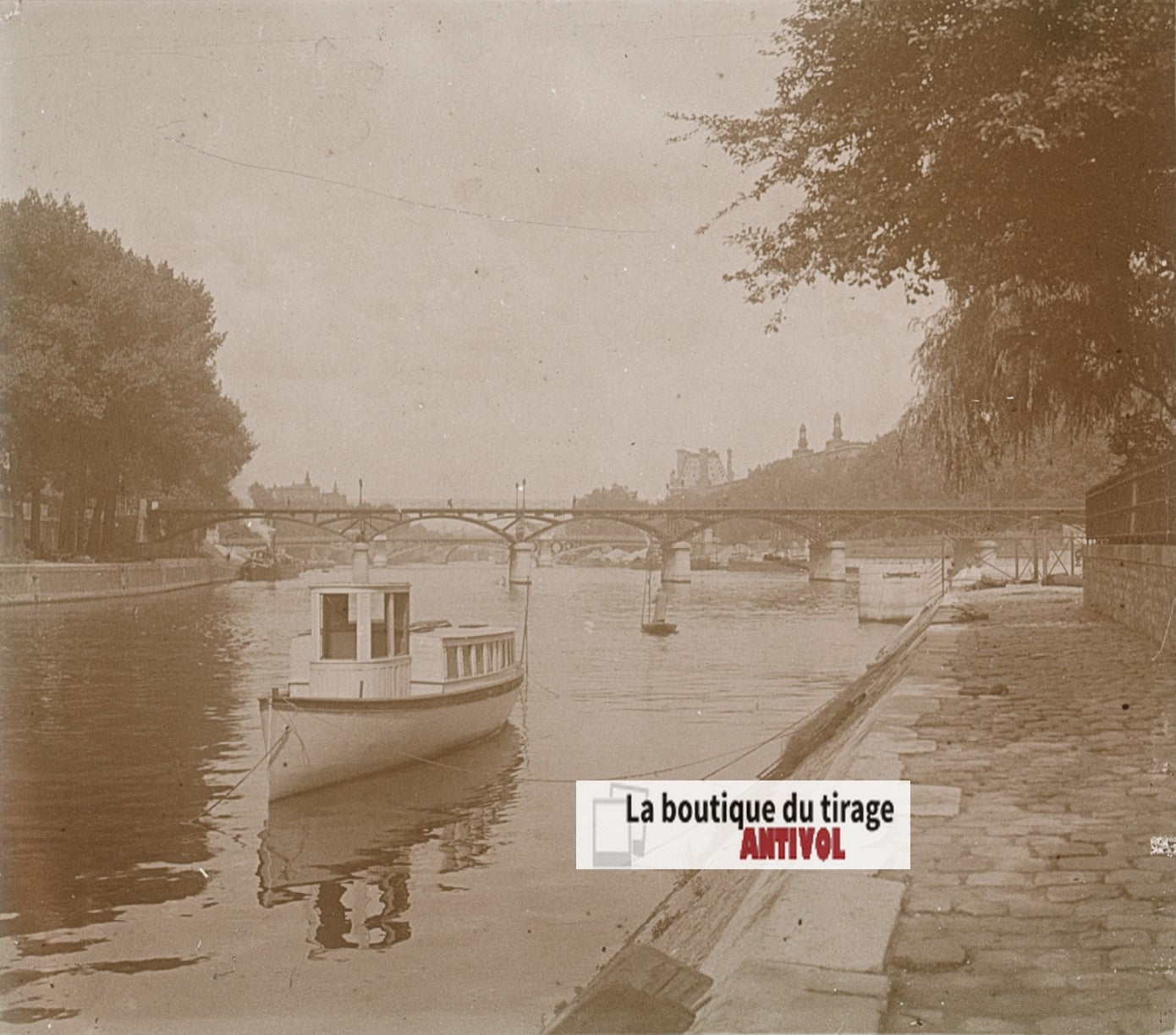 Seine et Pont des Arts, Paris, plaque verre, photo stéréoscopie, N&B 6x13 cm