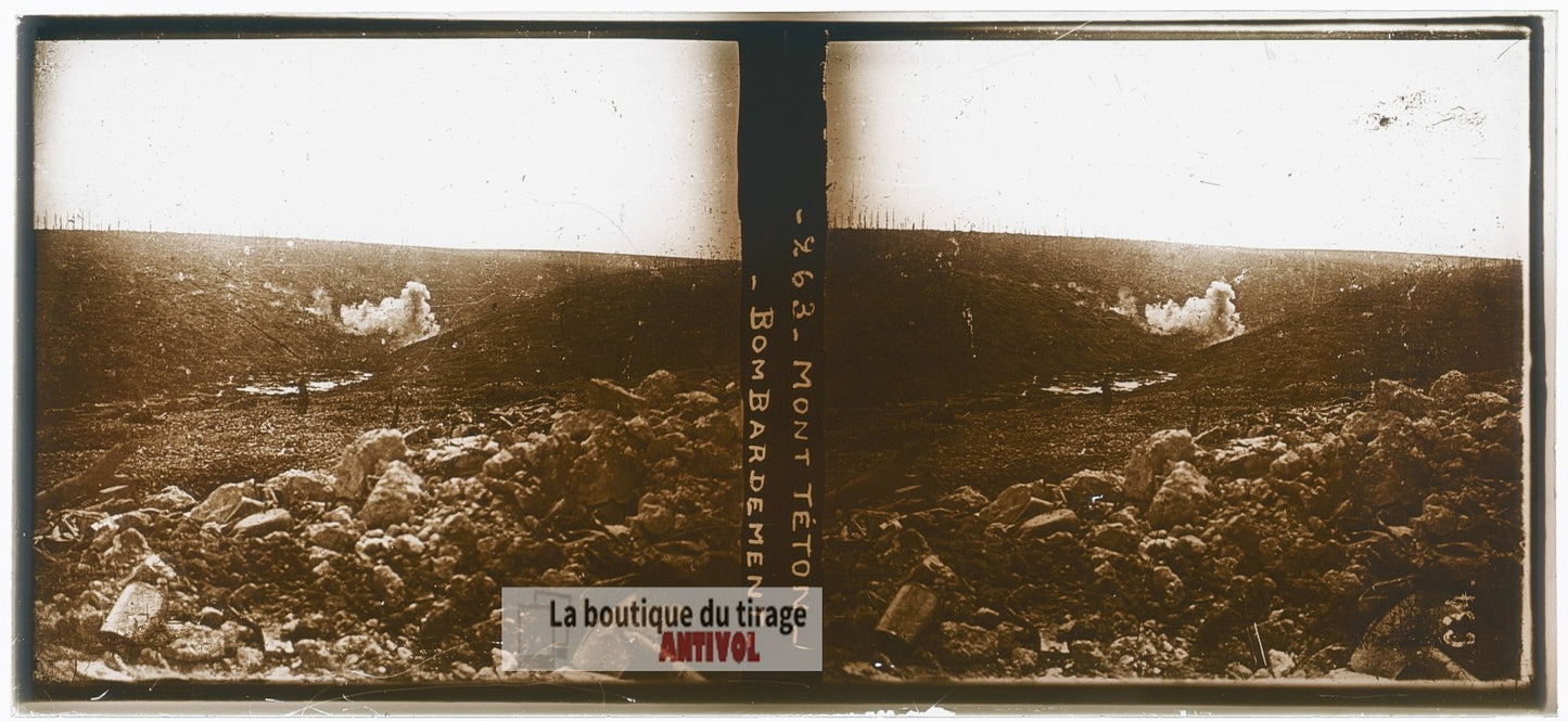 Mont Téton, bombardement, guerre WW1, plaque verre photo ancienne stéréo 6x13 cm
