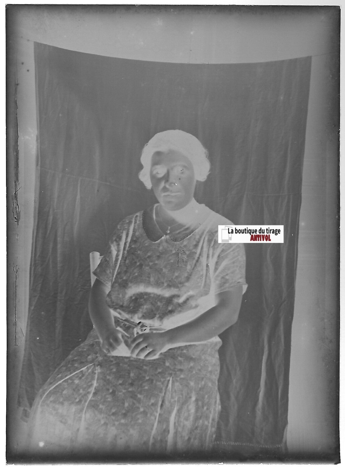 Femme, portrait, Plaque verre photo ancienne, négatif noir & blanc 6x9 cm