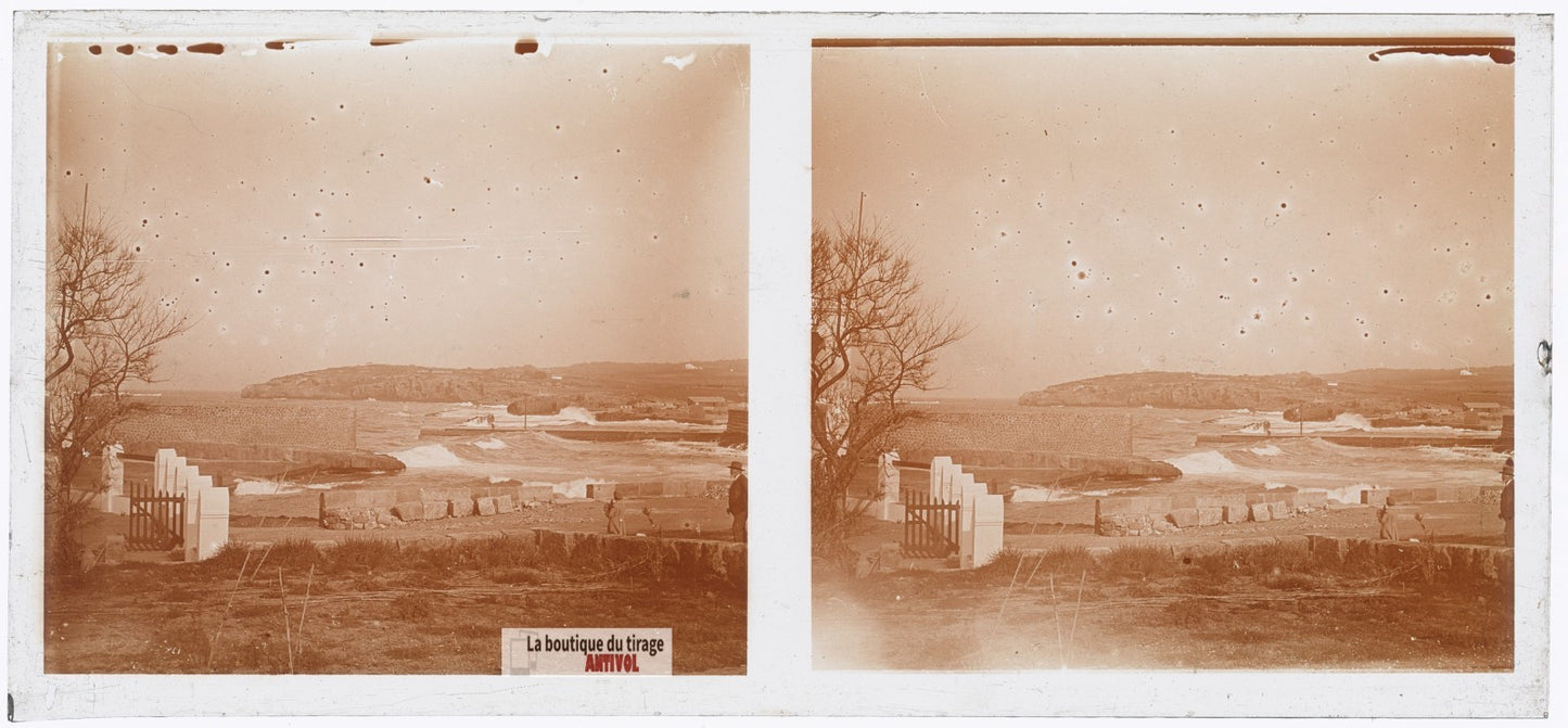 Côte, paysage mer, Algérie, plaque verre photo ancienne stéréo 6x13 cm