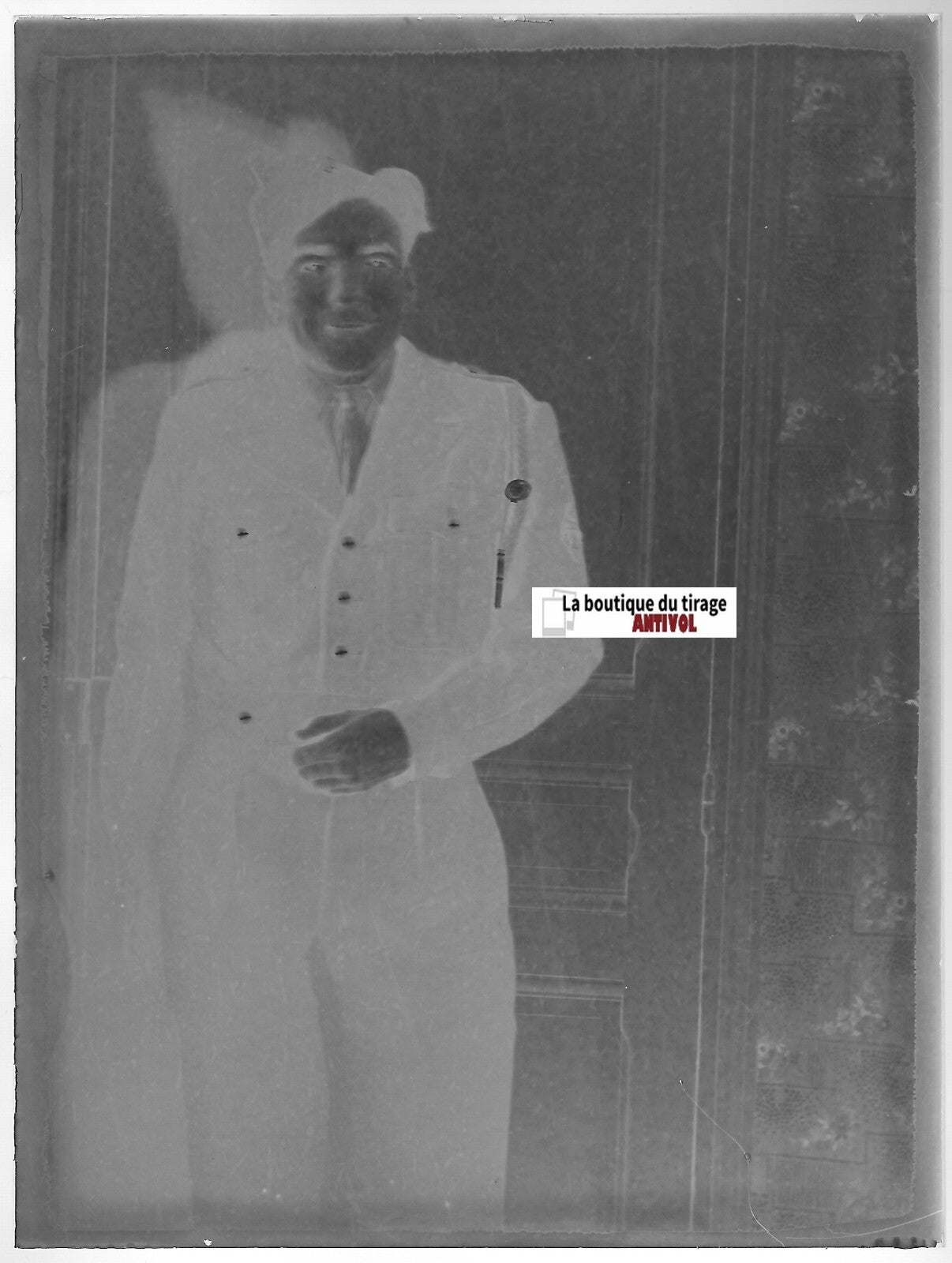 Soldat, uniforme, plaque verre photo ancienne, négatif noir & blanc 9x12 cm