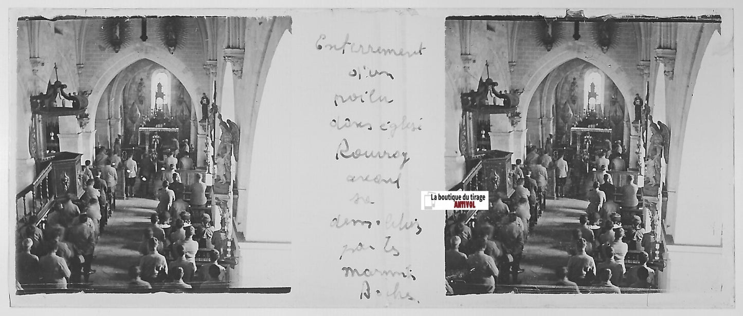 Rouvroy, enterrement WW1, Plaque verre stéréo, positif noir & blanc 4,5x10,7 cm