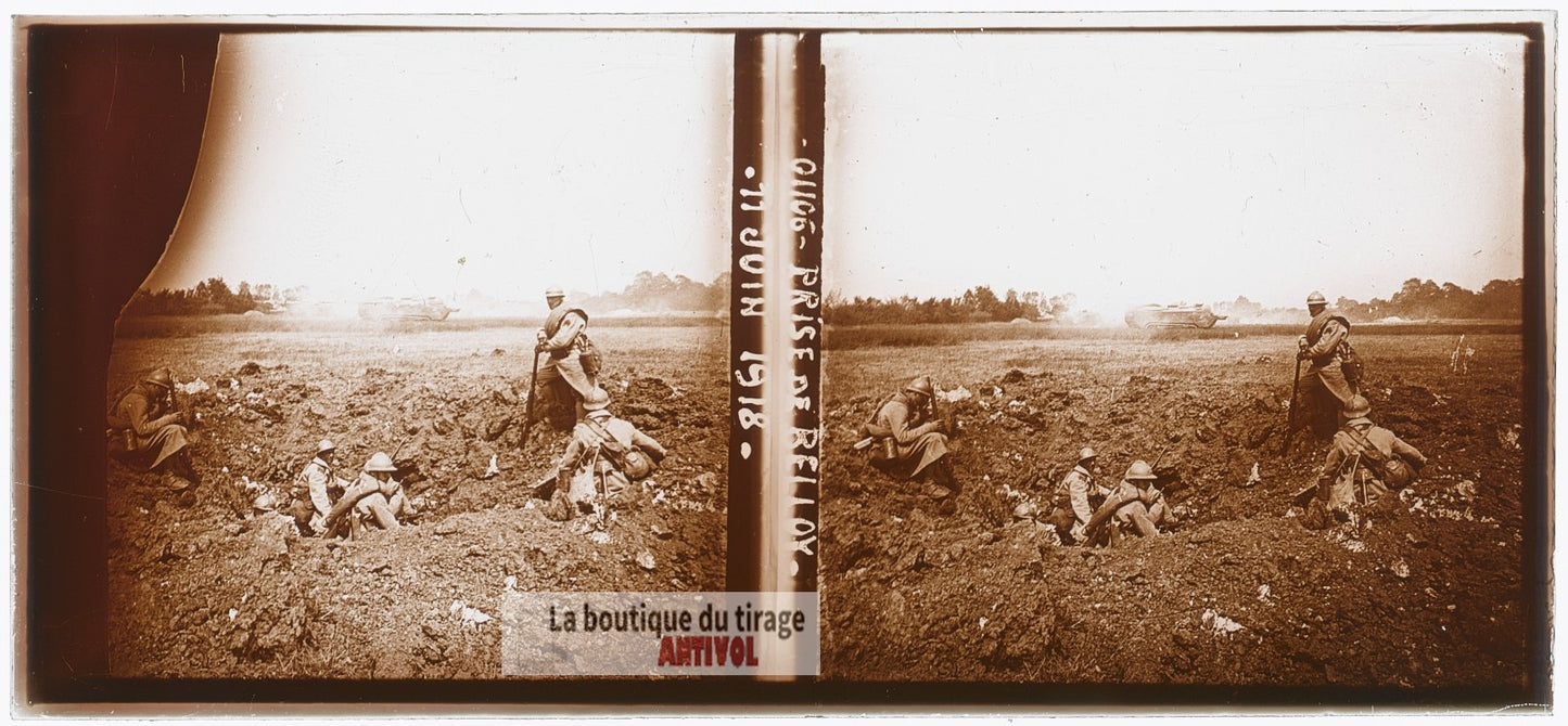Prise de Belloy, 11 juin 1918, WW1, plaque verre photo ancienne stéréo 6x13 cm