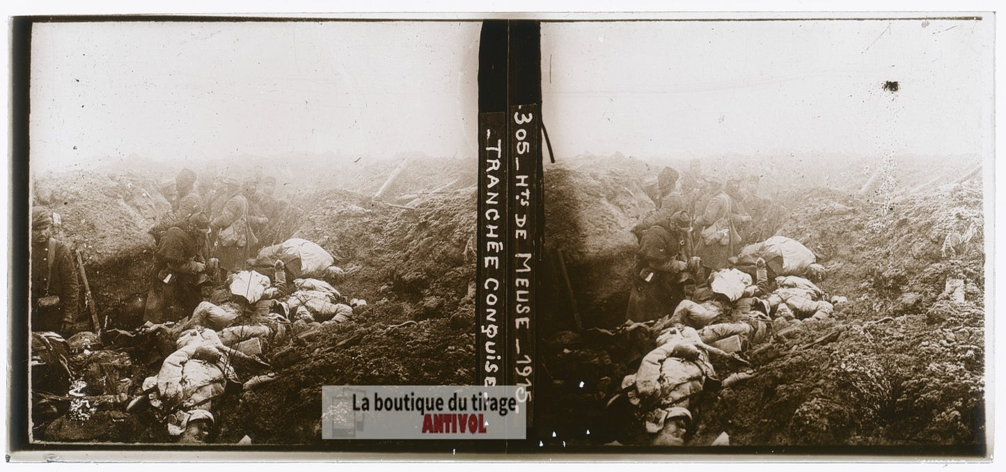 Hauts-de-Meuse, tranchée, guerre WW1, plaque verre photo ancienne stéréo 6x13 cm