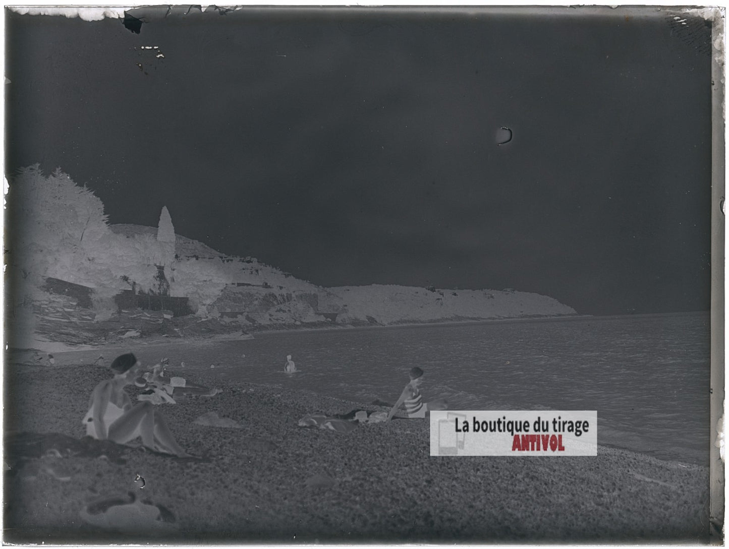 Plage de la Côte d'Azur, baignade, plaque verre photo ancienne, négatif 9x12 cm