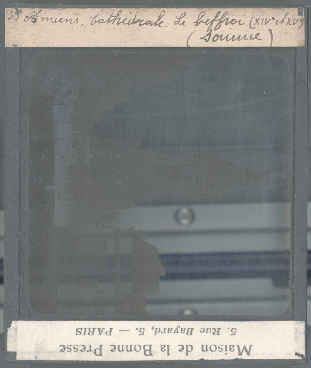 Beffroi d'Amiens, Picardie, photo ancienne plaque de verre, positif 8,5x10 cm