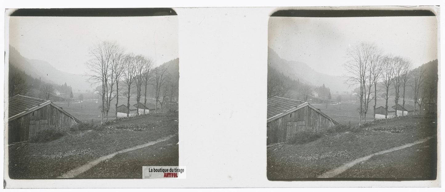 Vallée vosgienne, Vosges, plaque verre stéréo, photo ancienne 4,5x10,7 cm