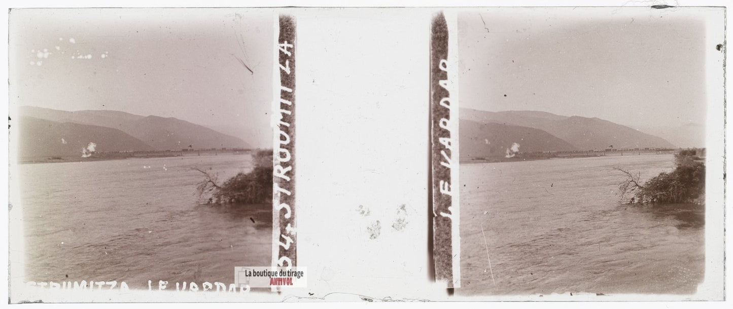 Strumitza, le Vardar, guerre WW1, plaque verre stéréo, photo 4,5x10,7 cm