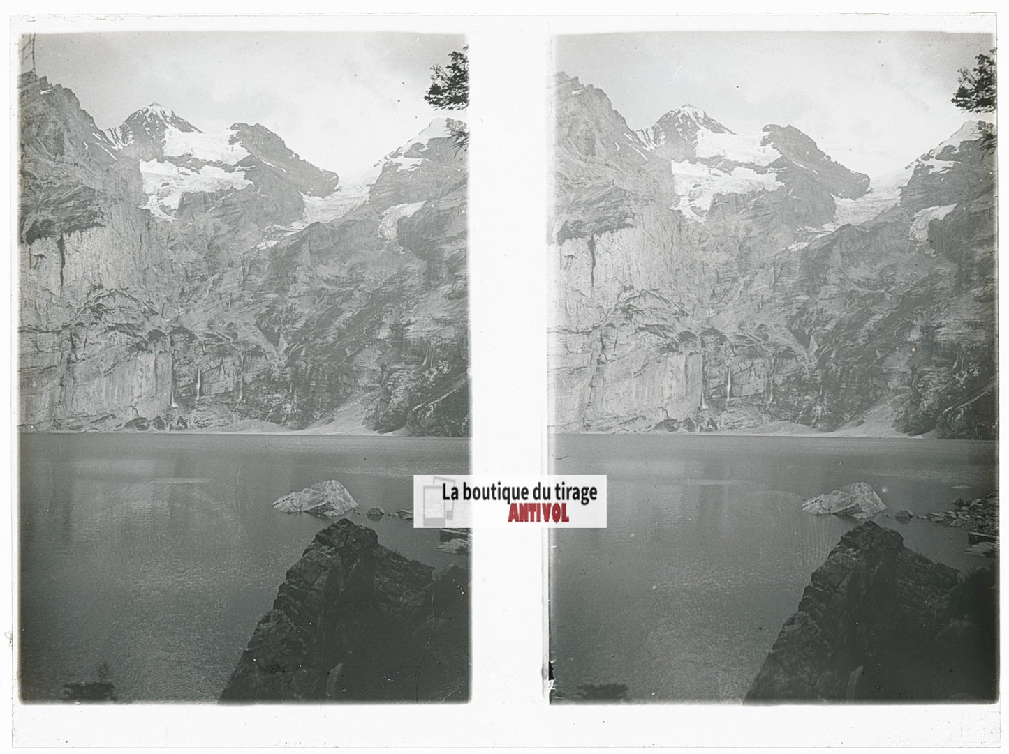 Lac d’Oeschinen, Alpes Suisse, stéréo photo plaque verre, noir & blanc, 9x12 cm