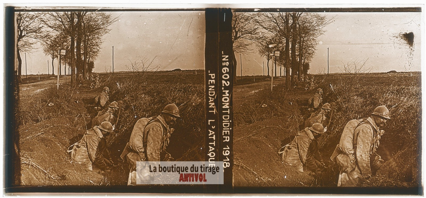 Montdidier 1918, guerre WW1, plaque verre photo ancienne stéréo 6x13 cm