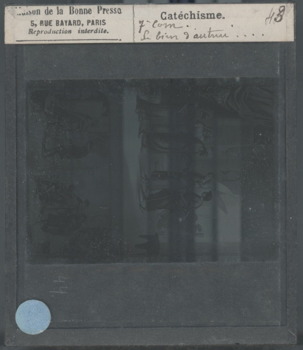Scène religieuse, catéchisme, dessin peinture, plaque verre, positif 8,5x10 cm