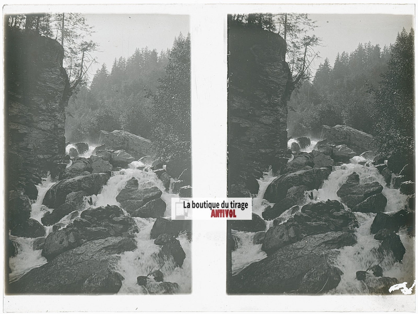 Cascade, Alpes, Suisse, stéréo photo plaque verre, noir & blanc, 9x12 cm