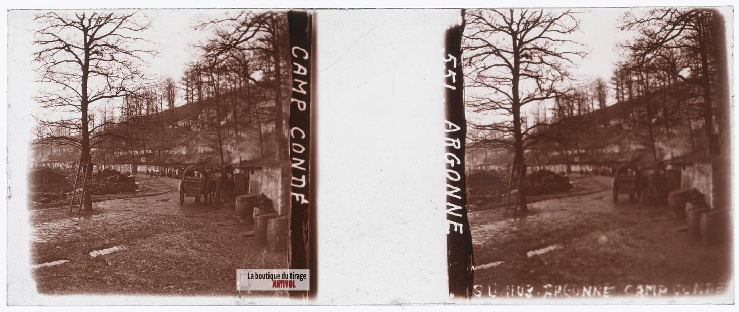 Camp Condé, Argonne, guerre WW1, plaque verre stéréo, photo 4,5x10,7 cm
