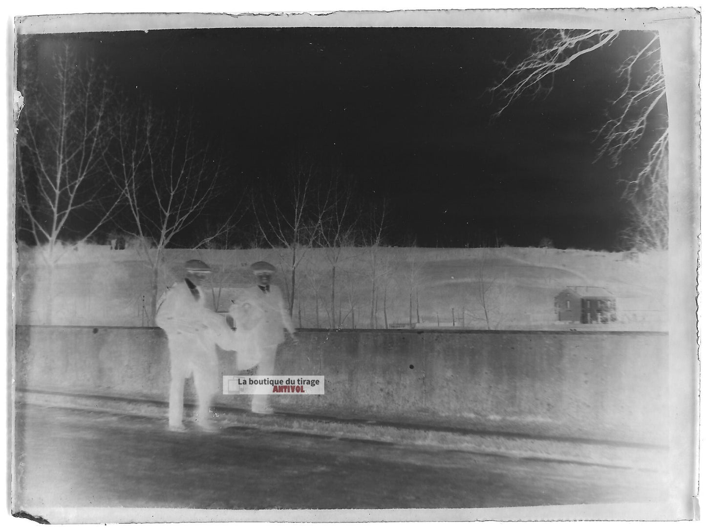 Plaque verre photo ancienne négatif noir et blanc 9x12 cm écoliers école pont