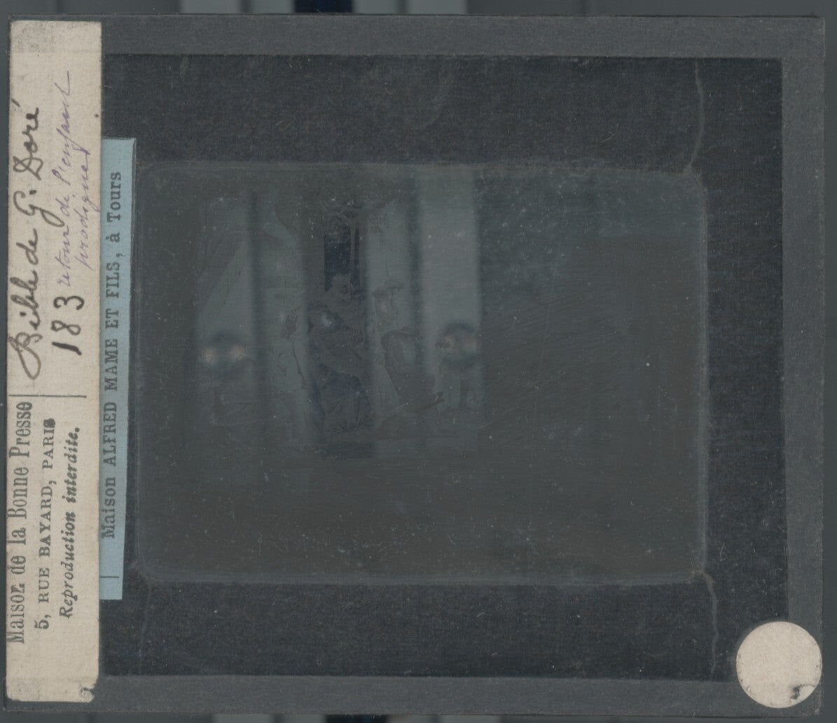 Histoire, Bible Doré, dessin, plaque de verre, noir & blanc, positif 8,5x10 cm