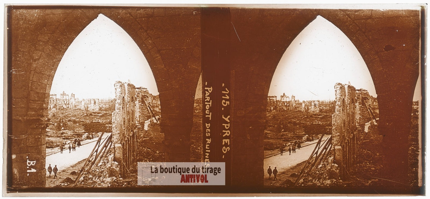 Ypres Belgique, ruines, guerre WW1, plaque verre photo ancienne stéréo 6x13 cm